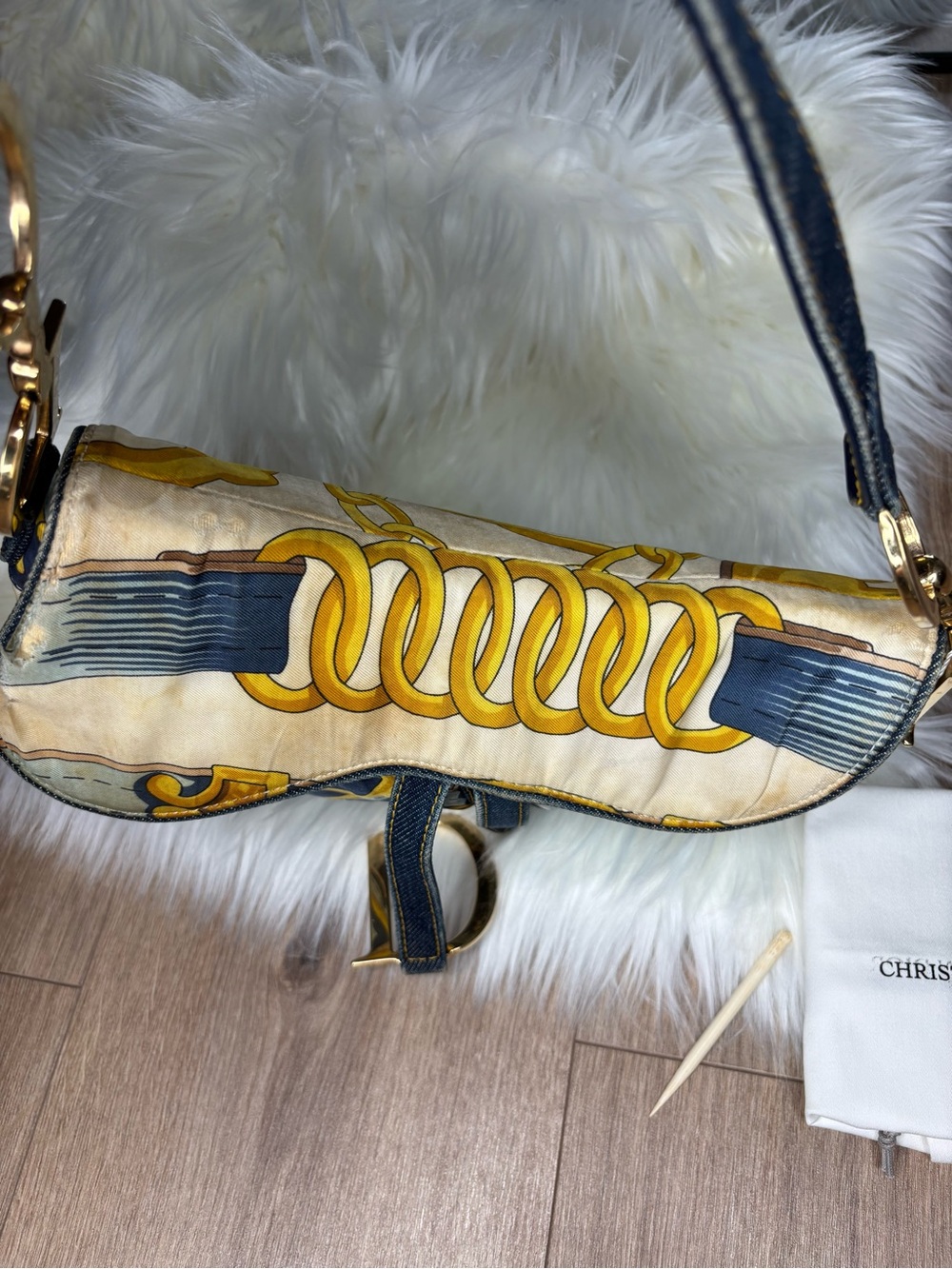 💙 RARE✨ Dior Blue Saddle Satin Chain Print Bag - Picture 6 of 17